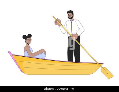 Couple hétérosexuel afro-américain sur une promenade en bateau romantique 2D personnages linéaires de dessins animés Illustration de Vecteur