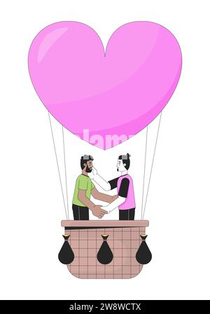 Petits amis flottant sur des personnages de dessins animés linéaires 2D de montgolfière Illustration de Vecteur