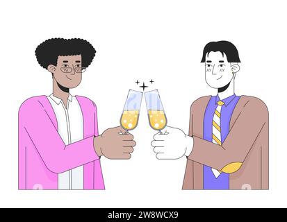 Hommes gays couple clinking lunettes personnages de dessins animés linéaires 2D. Illustration de Vecteur