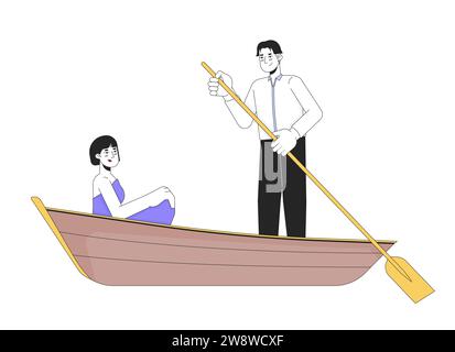 Couple de jeunes adultes coréens sur des personnages de dessins animés linéaires 2D de promenade en bateau Illustration de Vecteur