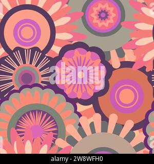 Imprimés de style dessin animé avec fleurs et champignons, verres et éléments rétro. Free Spirit Fun backgrounds.Bohemian Seamless Patterns des années 70 Illustration de Vecteur