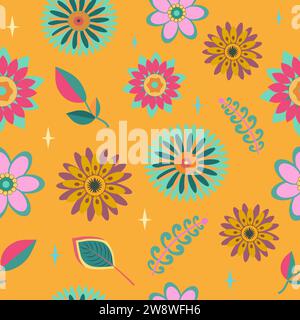 Imprimés de style dessin animé avec fleurs et champignons, verres et éléments rétro. Free Spirit Fun backgrounds.Bohemian Seamless Patterns des années 70 Illustration de Vecteur