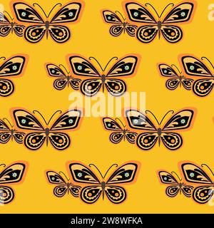 Imprimés de style dessin animé avec fleurs et champignons, verres et éléments rétro. Free Spirit Fun backgrounds.Bohemian Seamless Patterns des années 70 Illustration de Vecteur