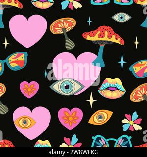 Imprimés de style dessin animé avec fleurs et champignons, verres et éléments rétro. Free Spirit Fun backgrounds.Bohemian Seamless Patterns des années 70 Illustration de Vecteur