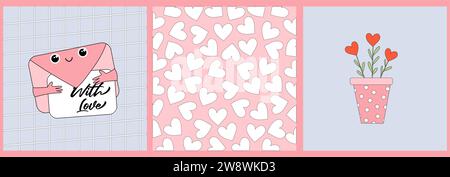 Ensemble de cartes de voeux mignons Saint Valentin. Coeurs dessinés à la main, fleurs, jolie lettre d'amour souriante. Illustration de Vecteur