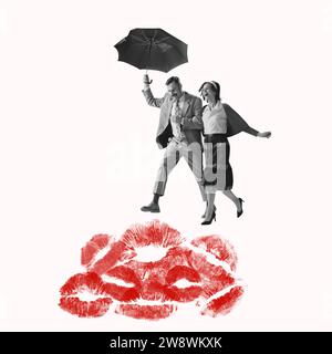 Rendez-vous romantique. homme et femme heureux, couple courant sous parapluie sur des baisers. Collage d'art contemporain. Saint Valentin Banque D'Images