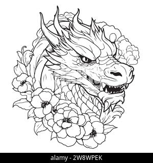 Tête de dragon en fleurs, croquis dessiné à la main. Symbole des mythes et légendes du nouvel an Illustration de Vecteur