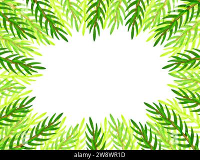 Bordure ou cadre avec espace vide pour le texte encadré par des branches d'arbre de Noël sur fond blanc. Décorations de vacances. Fond aquarelle Banque D'Images