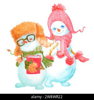 Mignons enfants bonhommes de neige de dessin animé dans des chapeaux d'hiver chauds et des mitaines. Illustration aquarelle isolée peinte à la main pour la conception de Noël Banque D'Images