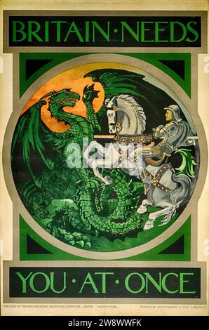 « La Grande-Bretagne a besoin de vous à la fois » affiche de recrutement britannique de la première Guerre mondiale montrant St. George tuant le dragon ; scène en format cocarde, publié par le Comité de recrutement parlementaire en 1915 Banque D'Images