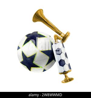 Ballon de football de football et dessin aquarelle de tuyau vuvuzela. Photo d'équipement de fan de stade isolé sur fond blanc Banque D'Images