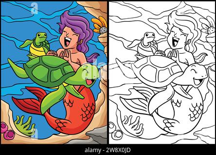 Sirène jouant avec Turtle Coloring Illustration Illustration de Vecteur