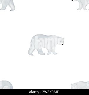 Aquarelle sans couture motif blanc grand ours. Illustration à l'aquarelle dessinée à la main d'un mammifère sur un fond isolé. Dessin d'un gros ours arctique pour Banque D'Images