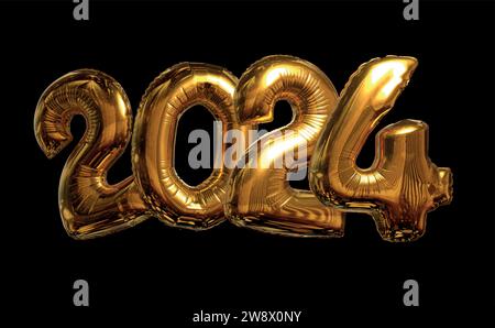 Numéros de ballons en or brillant de l'année 2024 isolés sur fond transparent. Illustration de Vecteur