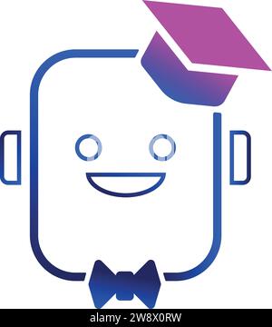 Bot formé avec chapeau diplômé et noeud papillon, certifié, éduqué, intelligent, cultivé, formé en machine learning, deep learning, qui apprend Illustration de Vecteur