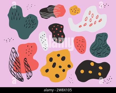 Définir des formes dessinées à la main isolées sur fond rose. Design coloré avec des formes naturelles doodle. Collection de figures organiques liquides. Vecteur naïf Illustration de Vecteur