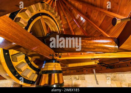 La mécanique du moulin à vent de Xewkija sur l'île de Gozo a été fraîchement réparée et est entièrement fonctionnelle. Xewkija, Gozo, Malte Banque D'Images