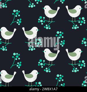 Oiseaux mignons sur les branches de baies hiver sans couture modèle folk. Imprimé textile de cuisine. Couleurs bleu foncé et vert. Illustration de Vecteur