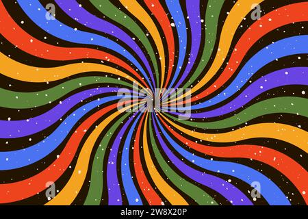 Tourbillon arc-en-ciel abstrait groovy sur fond noir. Design rétro dans le style des années 1960-1970. Toile de fond vintage Sunburst. Vecteur coloré de carnaval hippie d'été Illustration de Vecteur