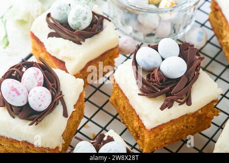 Barres de gâteau aux carottes de Pâques décorées avec nid de chocolat et œufs de bonbons au chocolat fleurissant des fleurs de cerise ou de pomme sur des fonds rustiques en bois clair. Banque D'Images