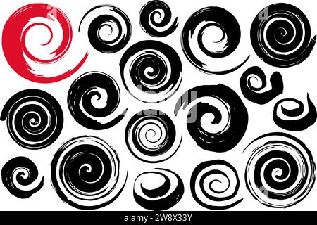 Symboles spiraux fantaisistes peints à la main avec un pinceau aquarelle à l'encre. Bouton de blob tourbillonnant moderne. Décoration décorative en spirale circulaire. Rotation radiale s Illustration de Vecteur