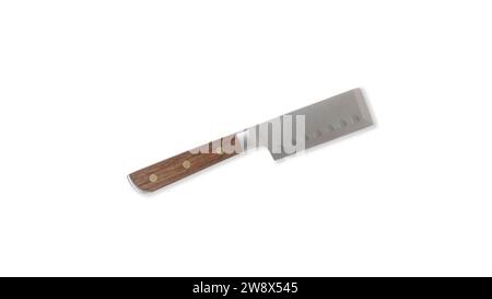 Couper le fromage à pâte molle avec un couteau à fromage spécialisé en acier inoxydable. Sa lame, ornée de trous, crée des tranches de fromage parfaites. Cuisine indispensable Banque D'Images