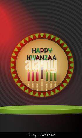 Scène de podium ronde 3d pour carte Happy kwanzaa avec des symboles agréables et créatifs et un style de coupe de papier sur fond de couleur pour les vacances de kwanzaa Illustration de Vecteur