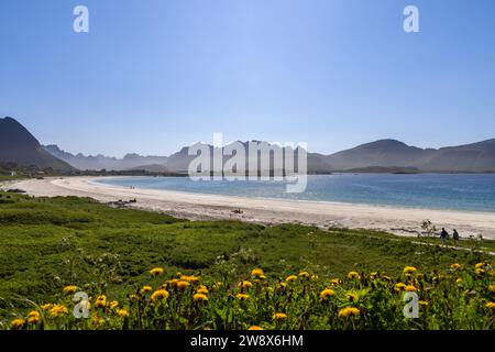 Une vue sereine sur la plage Rambergstranda de la baie de Jusnesvika sur l'île de Flakstadoya dans les Lofoten avec quelques personnes méconnaissables sur la plage. Norvège, sous un cl Banque D'Images