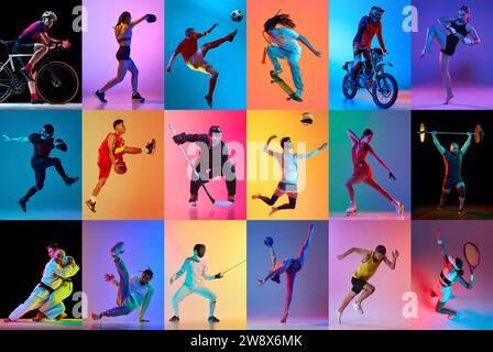 Collage créatif, mosaïque faite de portraits de sportifs professionnels sportifs sportifs sportifs de personnes athlétiques en lumière néon mixte contre dégradé multicolore Banque D'Images