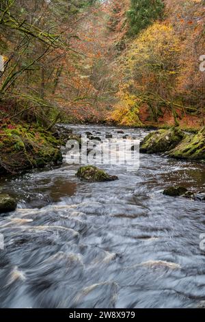 Eau qui coule rapidement sur les rochers à la fin de l'automne. Randolf's Leap, River Findhorn, Morayshire, Écosse. Banque D'Images