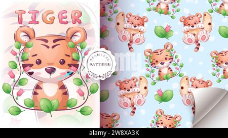 Personnage de dessin animé adorable tigre animal - motif sans couture Illustration de Vecteur