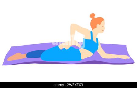 Entraînement en yoga pose de cheveux rad fille européenne en bleu tracksuit sur un tapis violet. Pilates, sport, santé. Femme, femme, femme. Illustration vectorielle dans Illustration de Vecteur