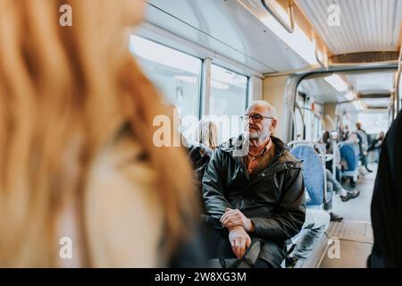 Propriétaire masculin contemplatif assis dans le bus tout en voyageant au travail Banque D'Images