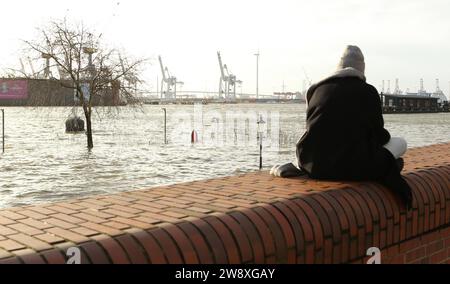 Überspülter Fischmarkt an der Elbe während des Sturmtiefs Zoltan am Freitagmittag. Altona Hambourg *** marché aux poissons inondé sur l'Elbe pendant la tempête Zoltan vendredi après-midi Altona Hambourg Banque D'Images