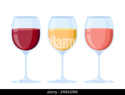 Verres à vin. Différents types de vin rouge, blanc, rose collection de boissons alcoolisées, verrerie de restaurant. Illustration vectorielle Illustration de Vecteur