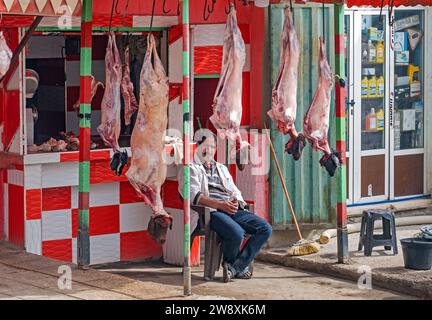 Boucher marocain posant avec des chèvres et des moutons abattus à la boucherie dans le village Imilchil / Imilshil, montagnes du Haut Atlas, province de Midelt, Maroc Banque D'Images