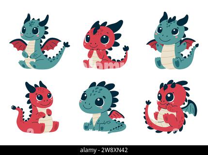 Collection mignonne Dragons. Ensemble de dragons mignons magiques colorés. Illustration de Vecteur