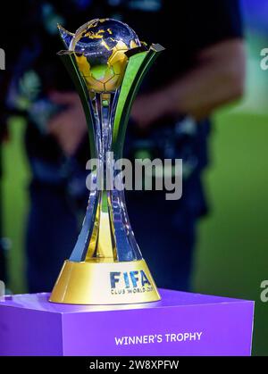 Le trophée exposé lors de la finale de la coupe du monde des Clubs de la FIFA 2023 au King Abdullah Sports City Stadium, Djeddah, Arabie Saoudite. Date de la photo : Vendredi 22 décembre 2023. Banque D'Images