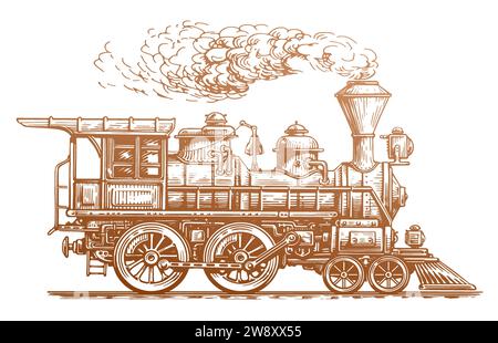 Train rétro, vue latérale. Locomotive à vapeur vintage dessinée à la main dans le style de croquis. Illustration du vecteur de transport Illustration de Vecteur