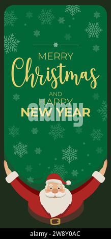 Carte de voeux de Noël colorée et lumineuse. Cool Père Noël avec des verres et un énorme sac livrant des cadeaux. Joyeux Noël et bonne année. Illustration de Vecteur