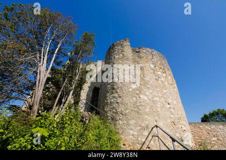 Château Derneck, ruine de château médiéval, main courante, balustrade, maçonnerie, Pierre, ciel bleu, Degeneck, château mur bouclier en position éperon du 14e. Banque D'Images