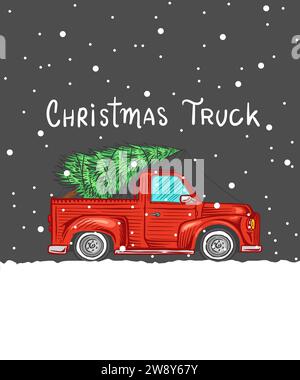 Voiture avec un arbre de Noël. Épicéa dans les bagages du camion. Concept de livraison. Illustration vectorielle pour étiquette, badge, logo, carte postale ou bannière. Main Illustration de Vecteur