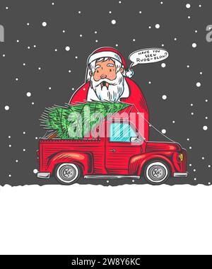 Voiture avec un arbre de Noël. Épicéa dans les bagages du camion. Concept de livraison. Illustration vectorielle pour étiquette, badge, logo, carte postale ou bannière. Main Illustration de Vecteur