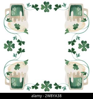 Cadre de brindilles de trèfle shamrock avec des tasses de bière verte. Décoration pour St. Patrick's Day. Illustration d'aquarelle isolée sur fond blanc. Clip Banque D'Images