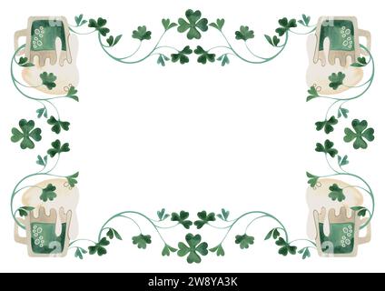 Cadre de brindilles de trèfle shamrock avec des tasses de bière verte. Décoration pour St. Patrick's Day. Illustration d'aquarelle isolée sur fond blanc. Clip Banque D'Images