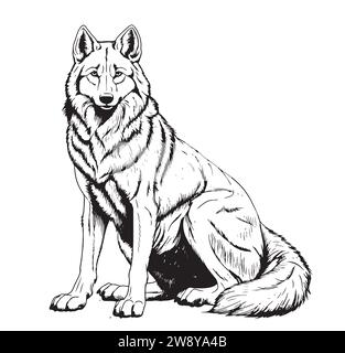 Wolf assis noir contours illustration vectorielle animaux sauvages Illustration de Vecteur