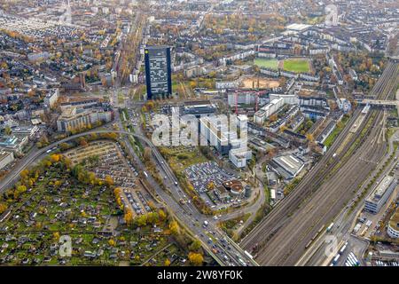 Vue aérienne, intersection des rues Mörsenbroicher EI, ARAG Tower et Bau- und Liegenschaftsbetrieb NRW siège social avec parkings, chantier de construction Banque D'Images