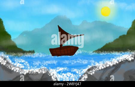 paysage de bateau dans la mer avec des îles et le soleil brillant Banque D'Images