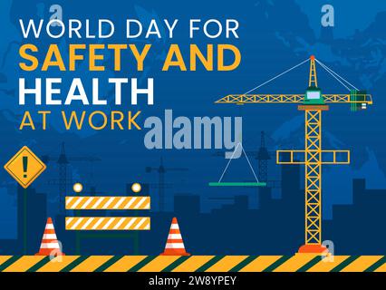 Journée mondiale de la sécurité et de la santé au travail Illustration vectorielle le 28 avril avec outil mécanique et casque de construction dans fond de dessin animé plat Illustration de Vecteur