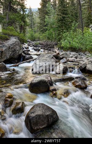 La rivière Stillwater se précipite sur les rochers au Woodbine Campground dans la forêt nationale Custer Gallatin dans le Montana, aux États-Unis Banque D'Images